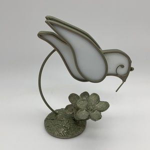Vintage Stained Glass Dove and Flowers Collectible Trinket Decor White/Silver